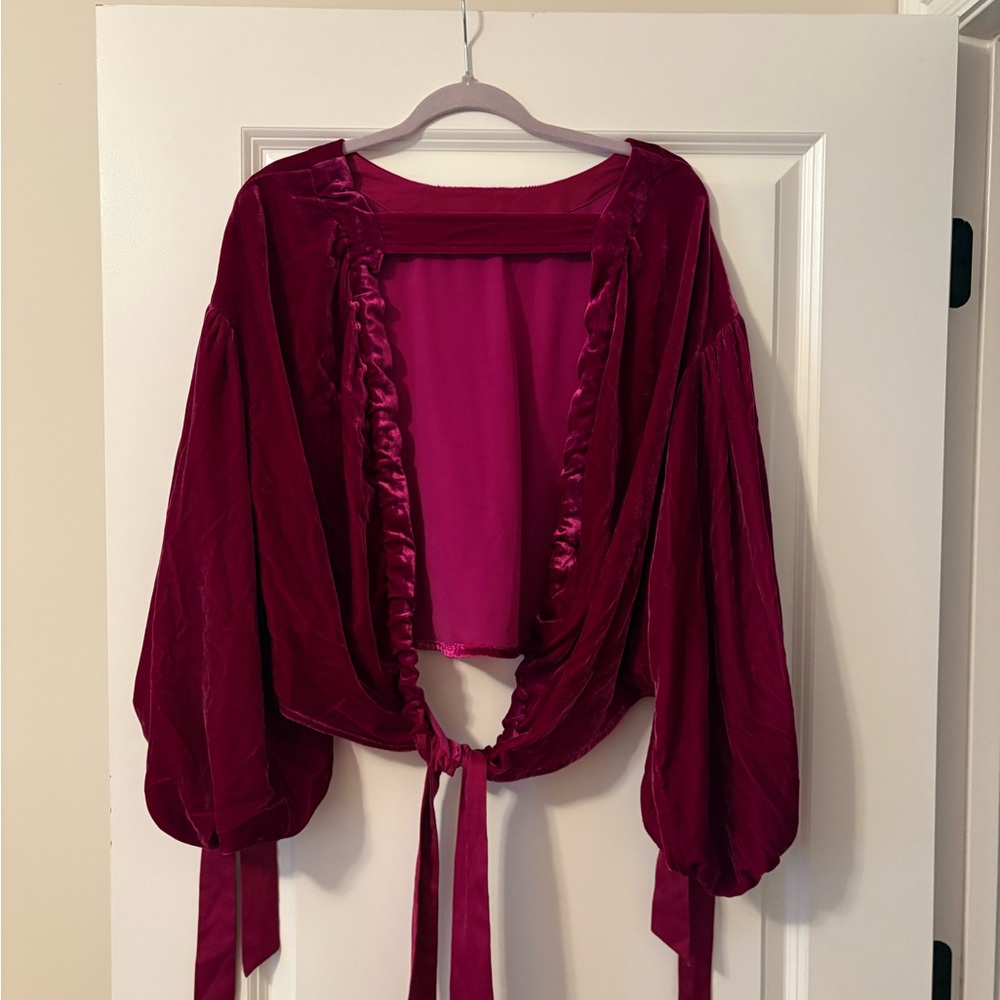 Free People Velvet Balloon-Sleeve Top in Magenta - Picture 7 of 8
